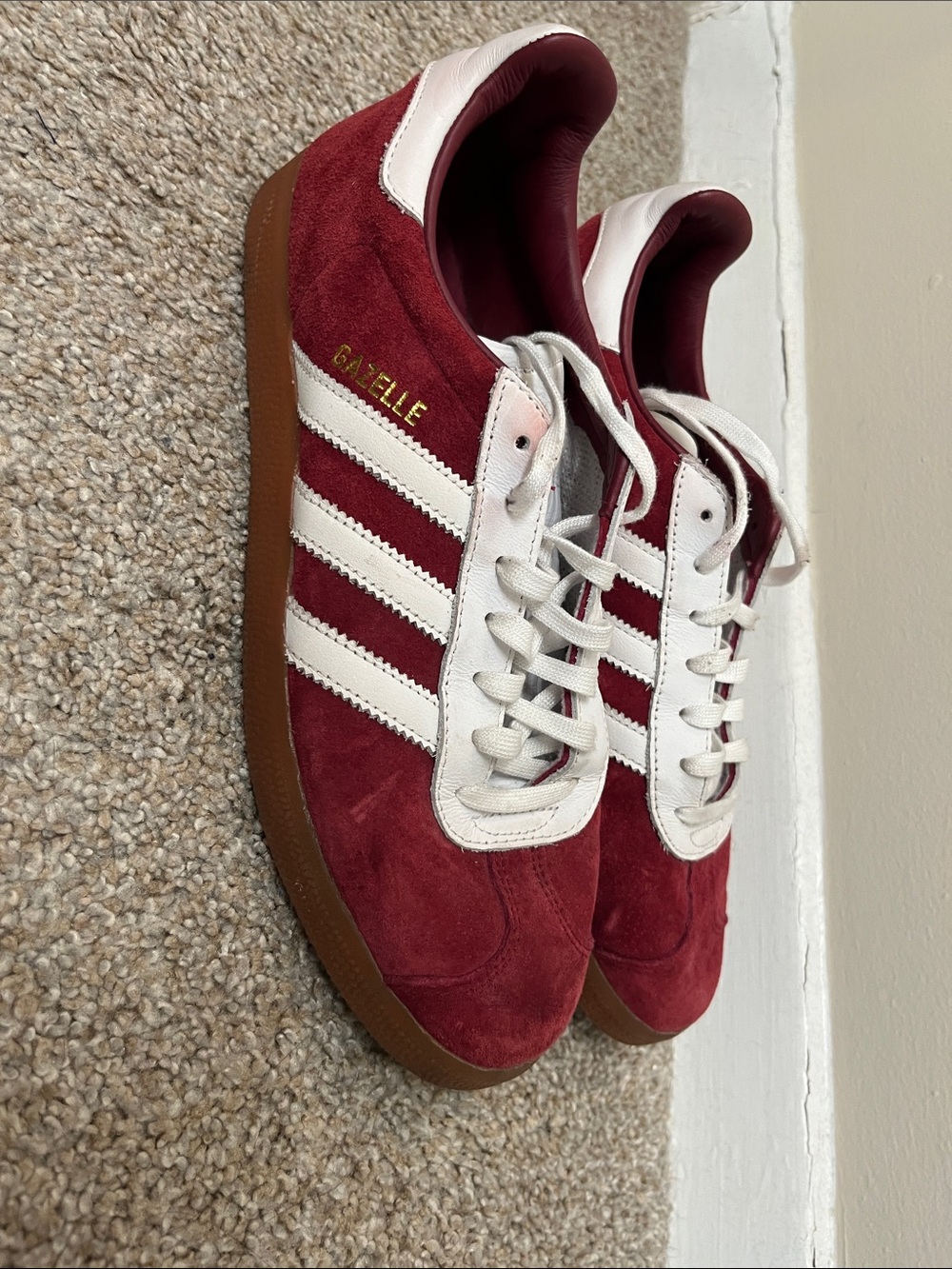 adidas Gazelle Men’s Burgundy Suede Sneakers with White Stripes
